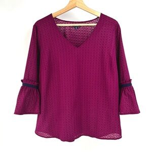 Izod Semi Sheer Swiss Dot 3/4 Sleeve Magenta/Navy Top Size L